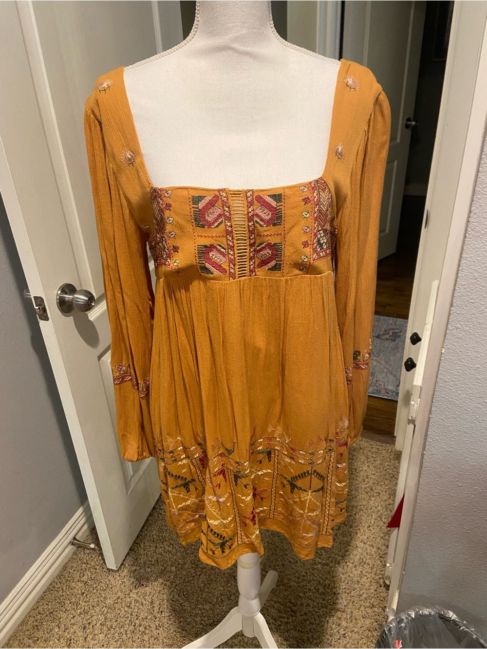 Free People Mustard Embroidered Long-Sleeve Boho Dress
